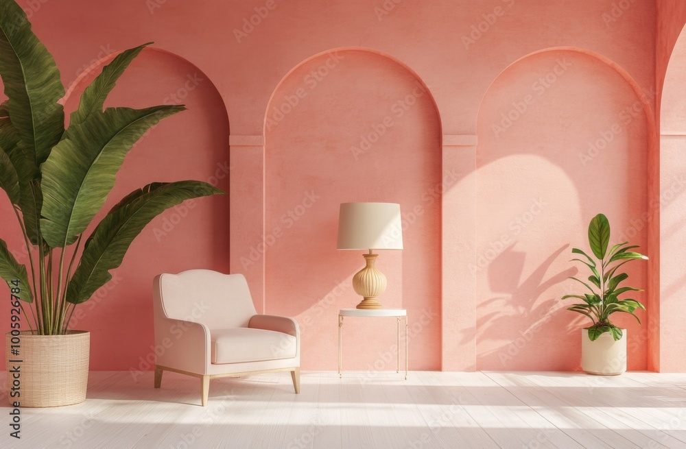 A bright and airy interior with arched pink walls, a white armchair, an elegant lamp on the table, potted plants, and a sense of tranquility. Soft lighting creates a warm atmosphere. A bright and airy interior with arched pink walls, a white armchair, an elegant lamp on the table, potted plants, and a sense of tranquility. Soft lighting creates a warm atmosphere.