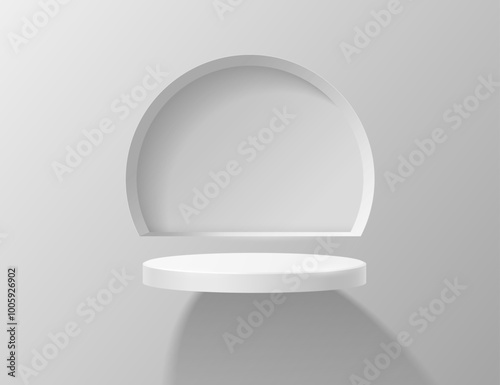 Empty podium against the background of a round niche in the wall, a pedestal levitating in space, a round platform showcase or stand in a minimalist style. Vector 3D illustration.