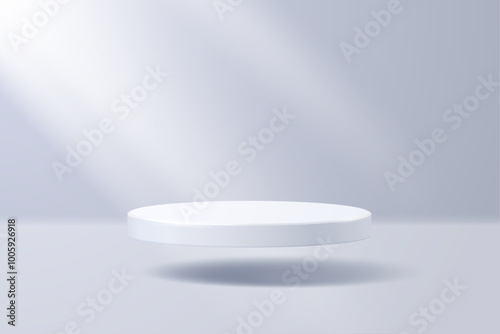 Empty podium or pedestal levitating in space, round platform showcase or stand in minimalist style. Vector 3D illustration.