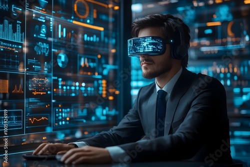 Person Using Augmented Reality Headset in Futuristic Office Workspace with Data Analytics Displays