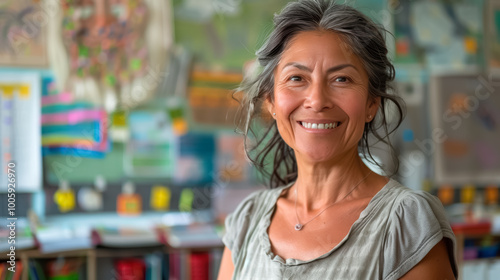 Teacher smiling in front of her classroom