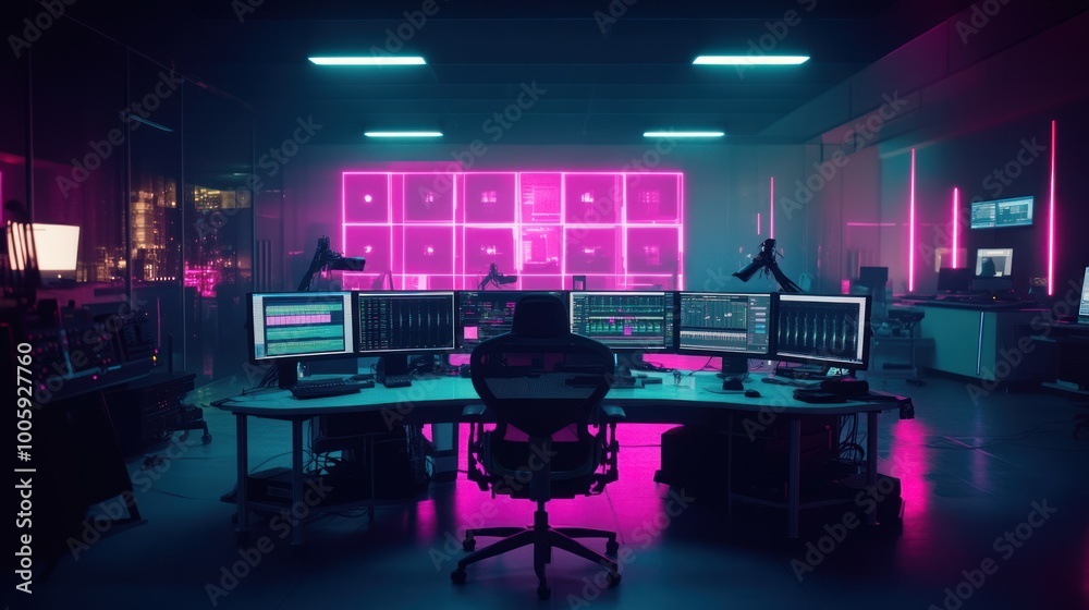 A modern tech workspace illuminated with neon lights, featuring multiple computer screens. A modern tech workspace illuminated with neon lights, featuring multiple computer screens.