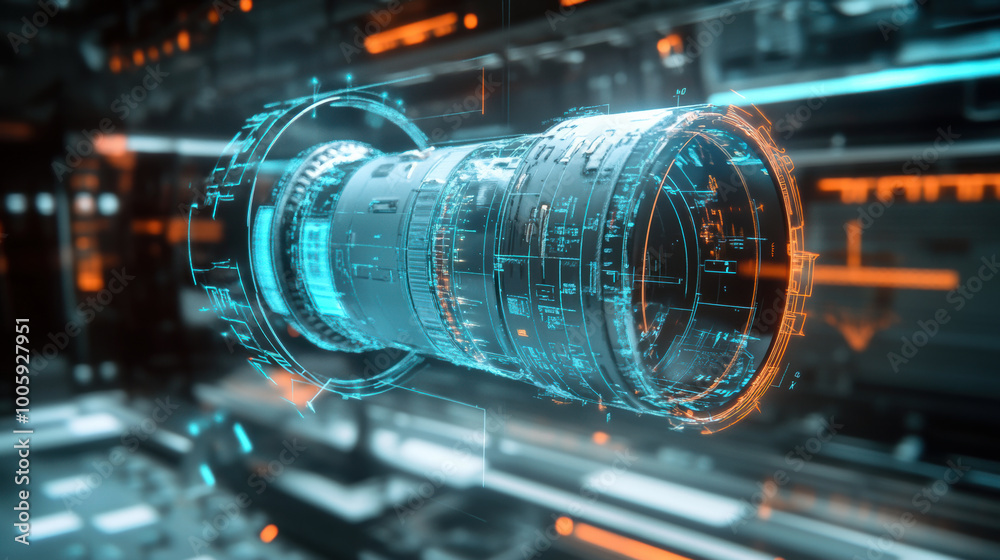 futuristic holographic digital sketch of spacecraft component, showcasing intricate details and glowing elements. design emphasizes advanced technology and innovation futuristic holographic digital sketch of spacecraft component, showcasing intricate details and glowing elements. design emphasizes advanced technology and innovation