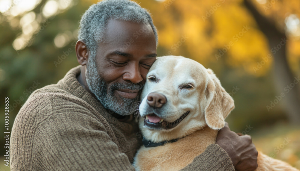 Senior african american man embracing his dog in autumn park Senior african american man embracing his dog in autumn park