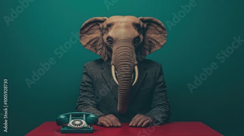 Elephant head human in suit with vintage phone.