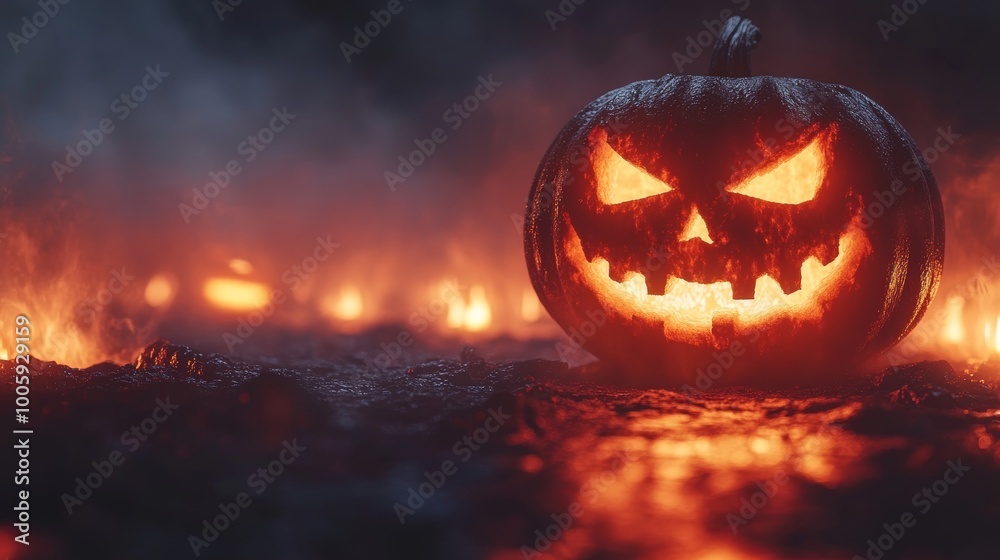Glowing Halloween Pumpkin on Spooky Night, Surrounded by Fire and Fog, on Textured Ground Glowing Halloween Pumpkin on Spooky Night, Surrounded by Fire and Fog, on Textured Ground