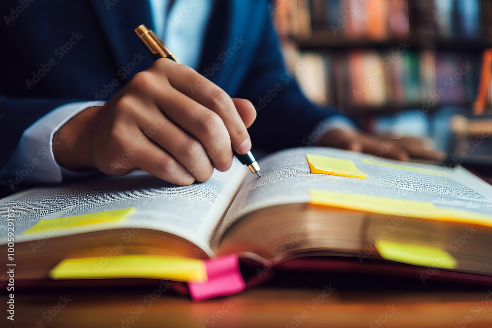 Close-up of a lawyer reading a thick legal book with tabs and highlighter marks. Close-up of a lawyer reading a thick legal book with tabs and highlighter marks.