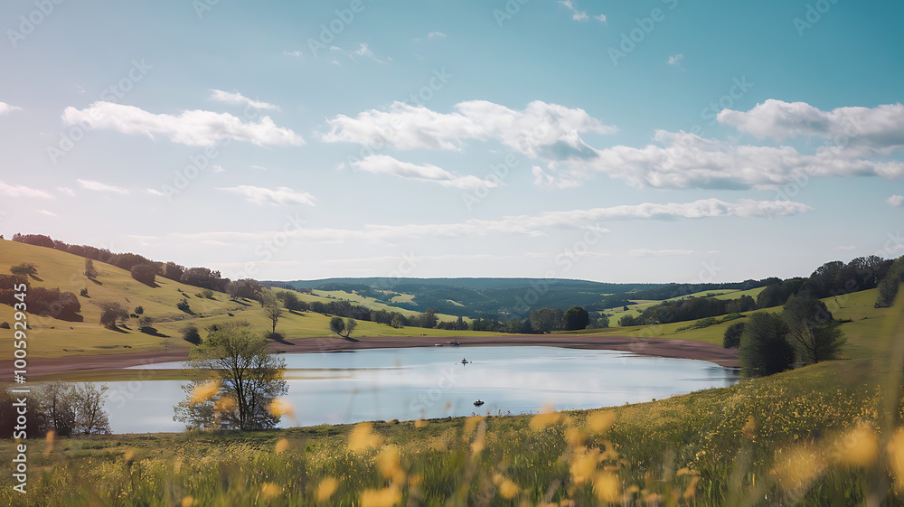 Obraz premium Nature’s Harmony, Hills, Water, and Sky 