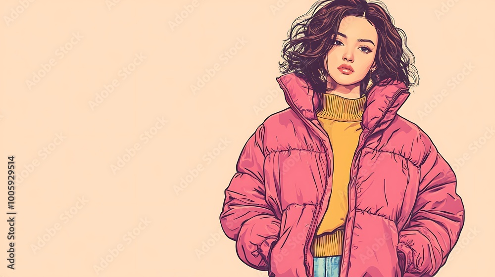 Stylish Young Woman with Wavy Hair in a Pink Puffer Jacket. Stylish Young Woman with Wavy Hair in a Pink Puffer Jacket.