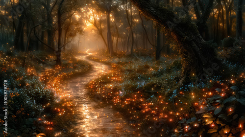 Fairy illuminated woodland, surreal fantasy art