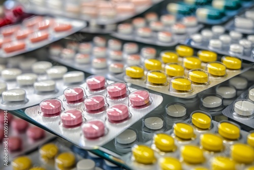 A display of various medication pills and capsules, demonstrating the wide range of available treatments. , background blur