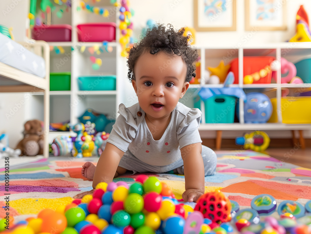 Happy toddler surrounded by bright toys in a vibrant playroom filled with fun and joy. Happy toddler surrounded by bright toys in a vibrant playroom filled with fun and joy.