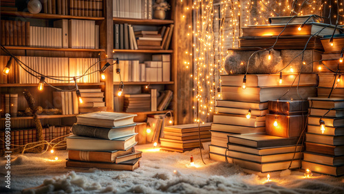Stacked books with Christmas lights in cozy library setting