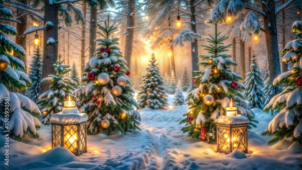 Decorated Christmas trees in snowy forest with glowing lanterns Decorated Christmas trees in snowy forest with glowing lanterns