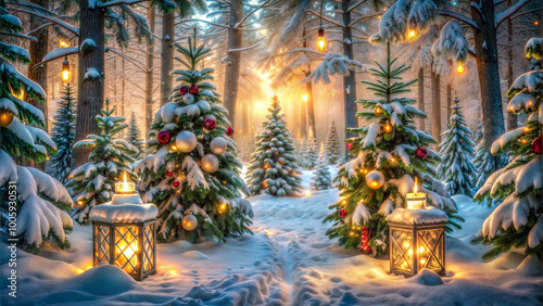 Decorated Christmas trees in snowy forest with glowing lanterns photo