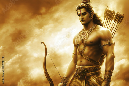 Lord Shri Rama, standing confidently with his bow and arrows photo