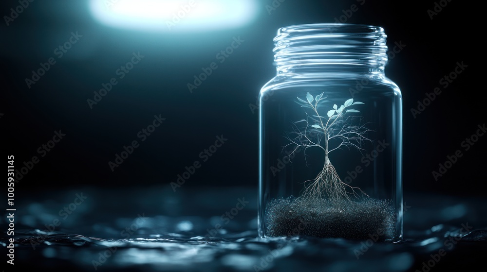 A small tree grows inside a glass jar, symbolizing growth and sustainability. A small tree grows inside a glass jar, symbolizing growth and sustainability.