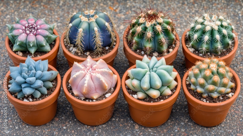 A display of various colorful potted cacti arranged in two rows. A display of various colorful potted cacti arranged in two rows.