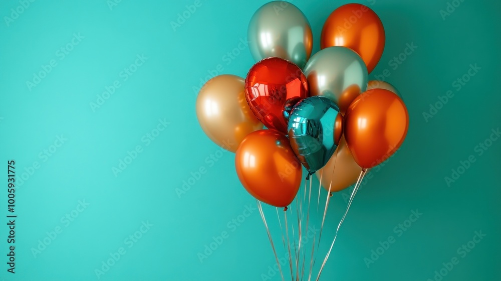 A cluster of colorful balloons against a turquoise background, perfect for celebrations. A cluster of colorful balloons against a turquoise background, perfect for celebrations.