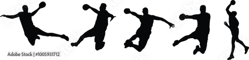 Set of handball player silhouette. Men playing hand ball full body illustration.