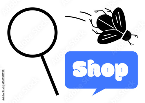 A black magnifying glass symbol, a buzzing black insect, and a speech bubble with the word Shop in white, placed on a blue background. Ideal for e-commerce, search engines, advertisements, online