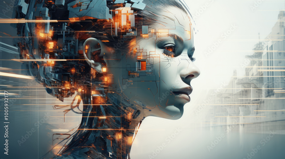 generated illustration of female robot head that shatters. generated illustration of female robot head that shatters.