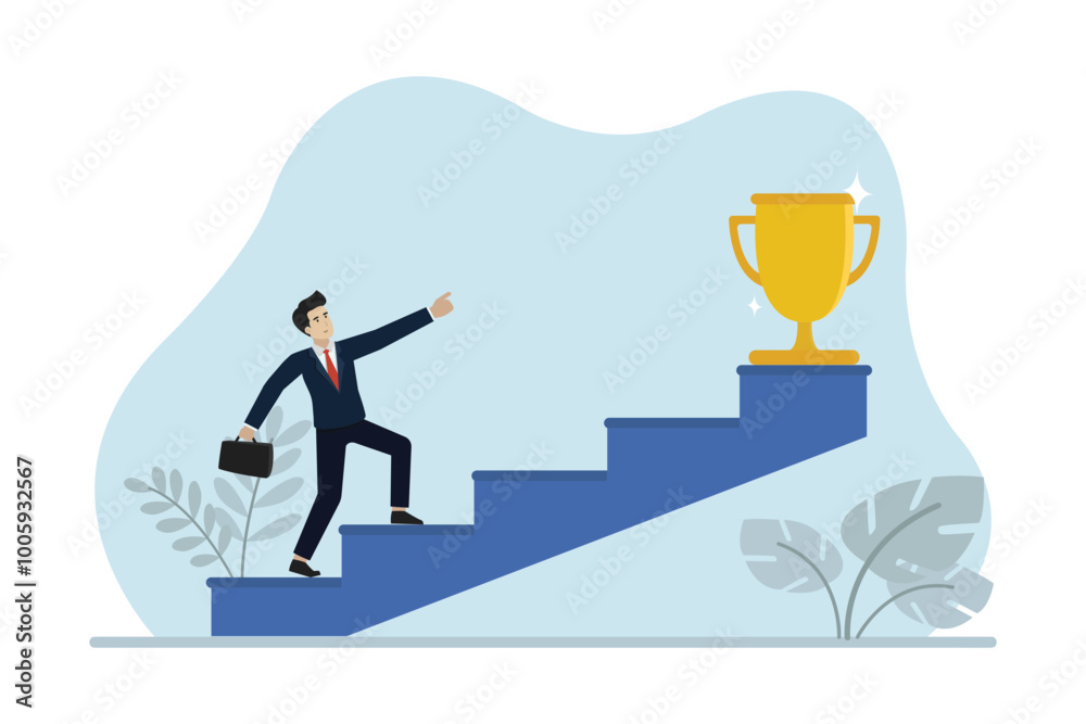 Obraz premium Business goals, business achievements, businessman climbing the ladder to achieve the winning trophy. Business vector illustration.