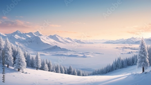 Winter sunrise lights up snowy slopes and pine trees, with snowflakes gently falling