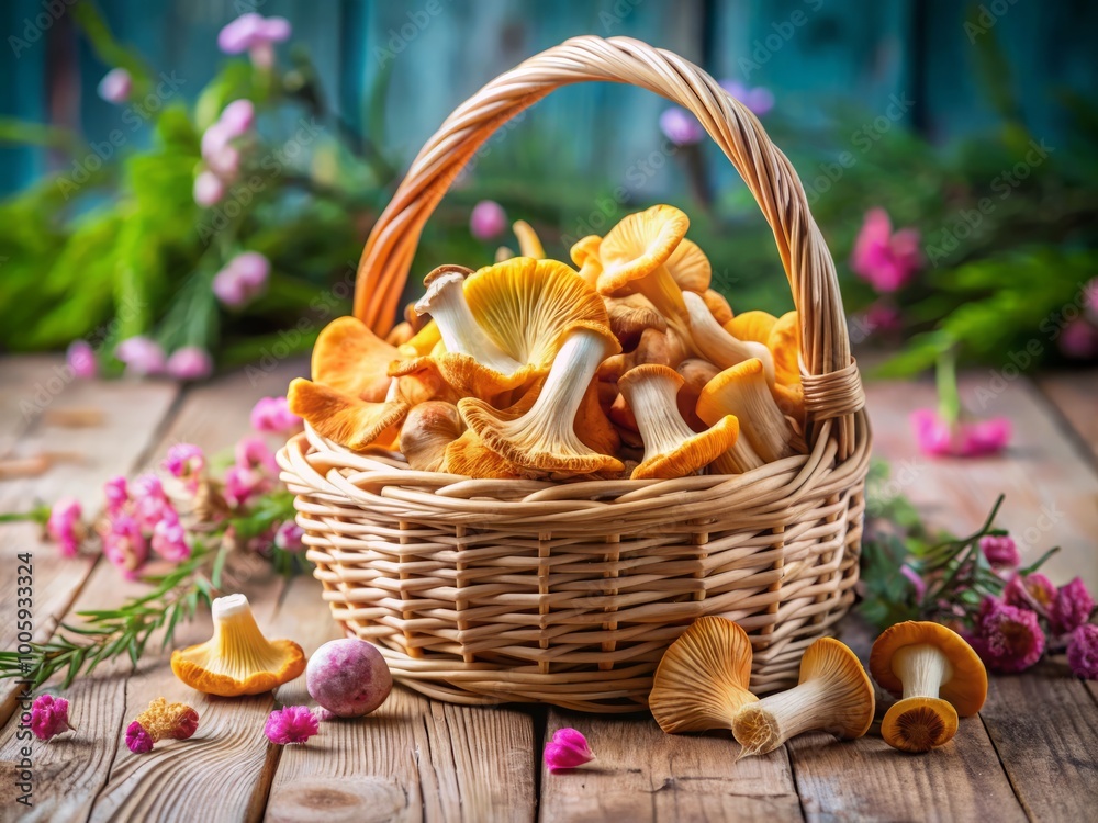 Studio Background with White and Pink Tones Featuring Raw Wild Chanterelle Mushrooms in a Basket for Elegant Studio Background with White and Pink Tones Featuring Raw Wild Chanterelle Mushrooms in a Basket for Elegant