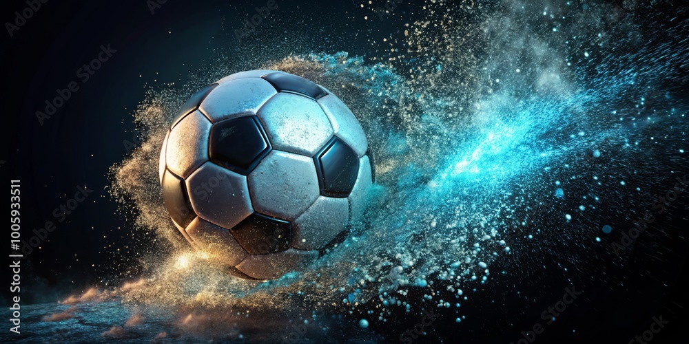 Fototapeta premium Stunning 3D Render of Soccer Ball Shattering into Particles with Generative AI Technology for Sports and Gaming Visuals