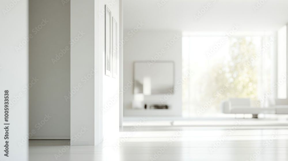Fototapeta premium A bright, minimalist interior space with large windows and simple furnishings.
