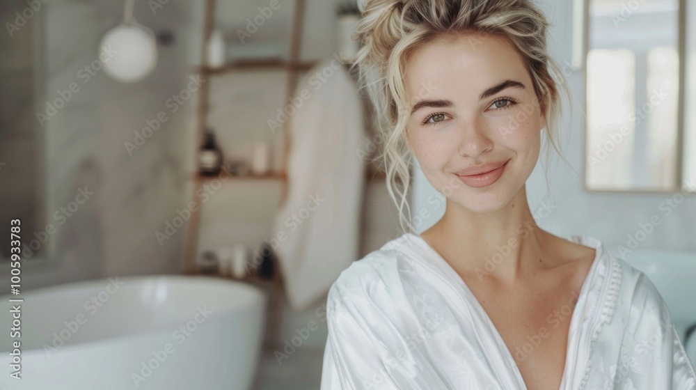 A woman is smiling and posing in front of a bathtub A woman is smiling and posing in front of a bathtub