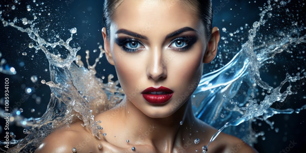 Stunning Model with Water Splashing on Face, Radiant Moisturized Skin and Waterproof Makeup in Captivating Beauty Shot Stunning Model with Water Splashing on Face, Radiant Moisturized Skin and Waterproof Makeup in Captivating Beauty Shot