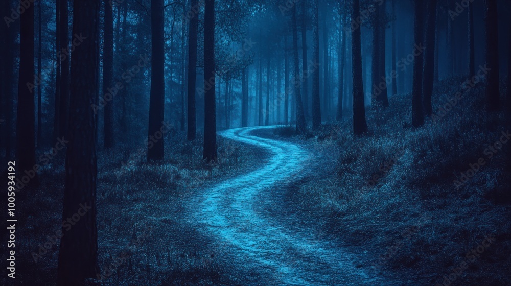 Fototapeta premium A winding path through a misty, blue-toned forest creates a mysterious atmosphere.