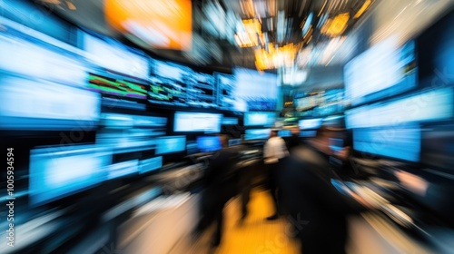 Wallpaper Mural A blurred view of a busy trading floor filled with multiple screens and activity. Torontodigital.ca