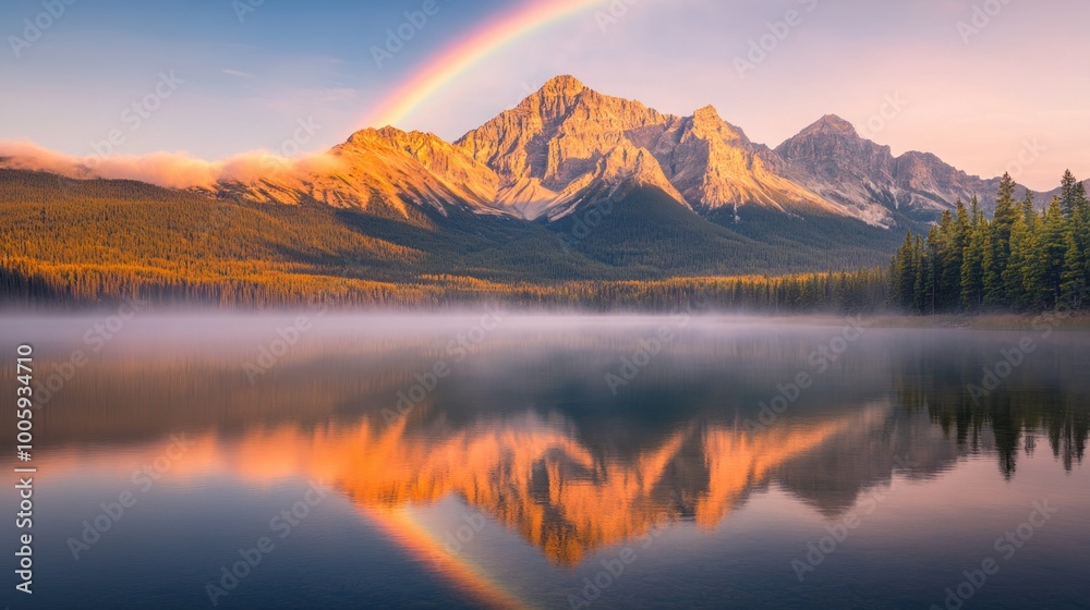 A serene mountain landscape with a rainbow reflecting over a calm lake at sunrise. A serene mountain landscape with a rainbow reflecting over a calm lake at sunrise.
