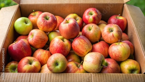 A close-up view of a cardboard box overflowing with fresh, shiny apples , abundance, harvest, ripe, healthy, fruit, produce