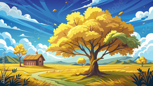A lone yellow tree in a field with a small house in the background, under a cloudy blue sky