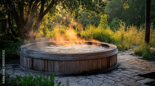 A wooden hot tub surrounded by nature, emitting steam in a tranquil setting.