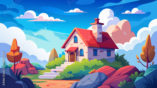 A small, cozy house with a red roof and white walls sits on a hill surrounded by rocks, bushes, and a few trees. The sky is filled with fluffy white clouds against a bright blue background