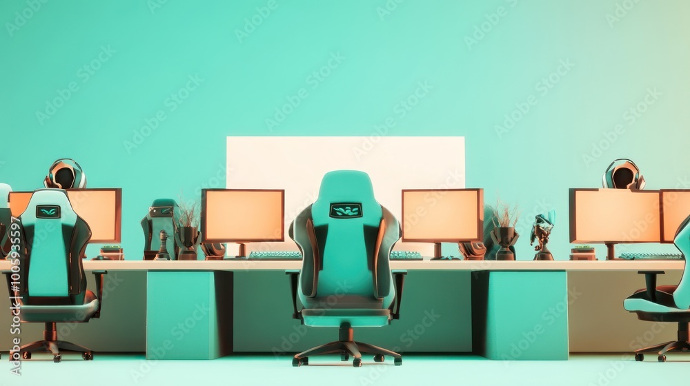 A modern workspace featuring gaming chairs and monitors in a vibrant teal setting.