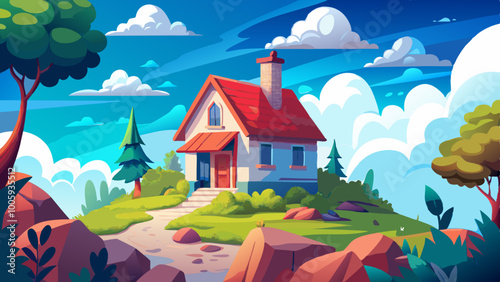 A small, cozy house with a red roof and white walls sits on a hill surrounded by rocks, bushes, and a few trees. The sky is filled with fluffy white clouds against a bright blue background