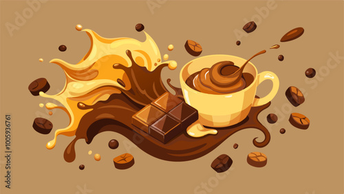 splashes and drops of melted dark chocolate, hot coffee and milk flow mixed