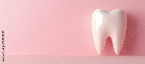 White Tooth Model On A Pastel Pink Background. Perfect For Dental Health Campaigns. 3D Render.