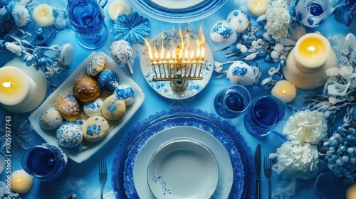 Festive Hanukkah Table Setting in Shades of Blue and White photo