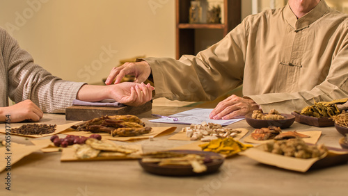 The method of taking a patient's pulse involves extending and placing their hand on a wooden board wrapped in cloth. The template photo shows a traditional medicine clinic with many plants on display. photo