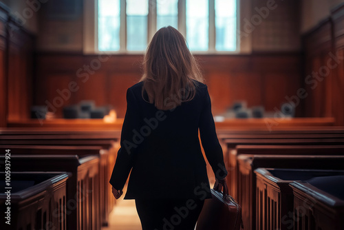 Back view of a female lawyer in a power suit confidently walking into a courtroom, briefcase in hand.