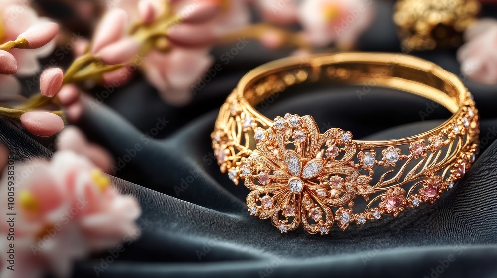 Fototapeta premium Elegant gold bracelet adorned with sparkling gemstones, surrounded by delicate pink blossoms on a luxurious fabric backdrop.