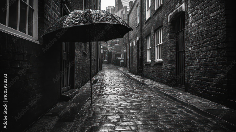 A rainy alleyway with a lone umbrella, evoking solitude and nostalgia. A rainy alleyway with a lone umbrella, evoking solitude and nostalgia.
