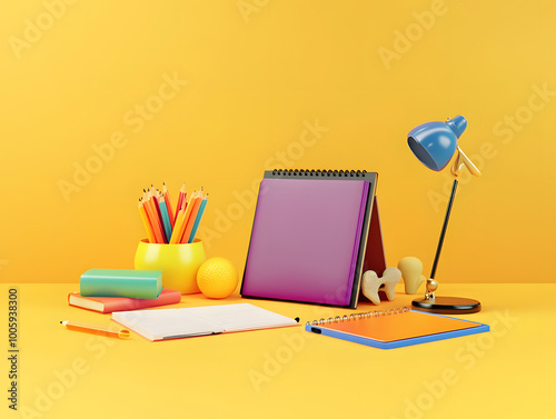 Colorful school supplies like pencils, pens, and notebooks are arranged on a desk, ready for the back-to-school season